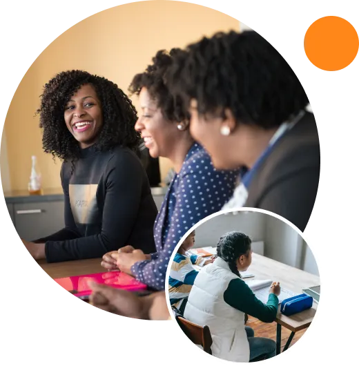 Collage of colleagues laughing around a table and a person working at a desk, with an orange circle accent